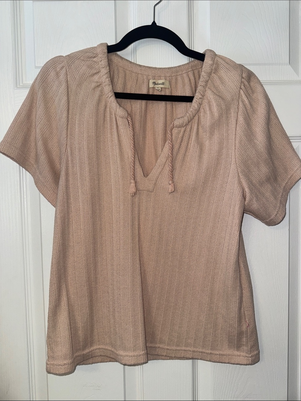 Madewell Light Pink Short-Sleeve Knit Top with Tie Neck